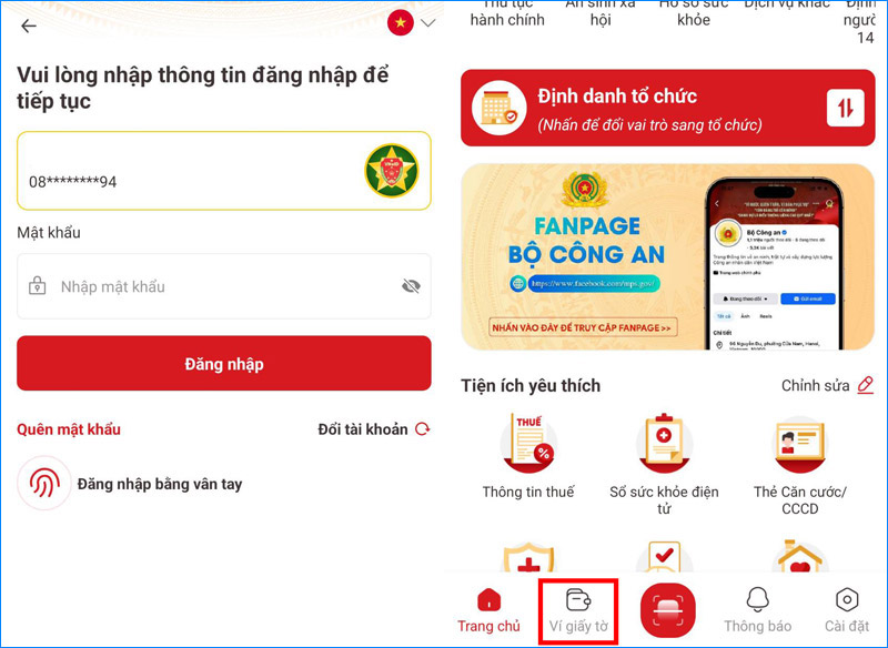 Mở VNeID, đăng nhập bằng CCCD và mật khẩu, vào mục Ví giấy tờ Mở VNeID, đăng nhập bằng CCCD và mật khẩu, vào mục Ví giấy tờ