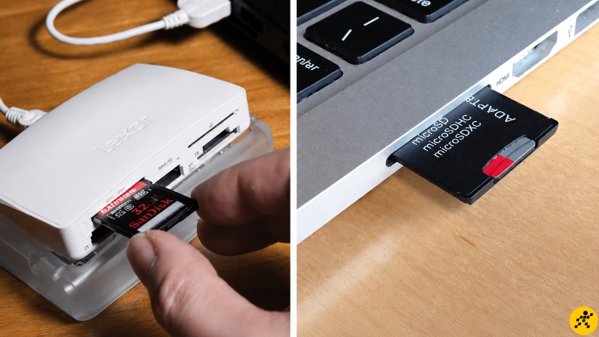 Tháo thẻ nhớ và cắm vào đầu đọc thẻ hoặc khe đọc thẻ nhớ trên laptop/máy tính Tháo thẻ nhớ và cắm vào đầu đọc thẻ hoặc khe đọc thẻ nhớ trên laptop/máy tính