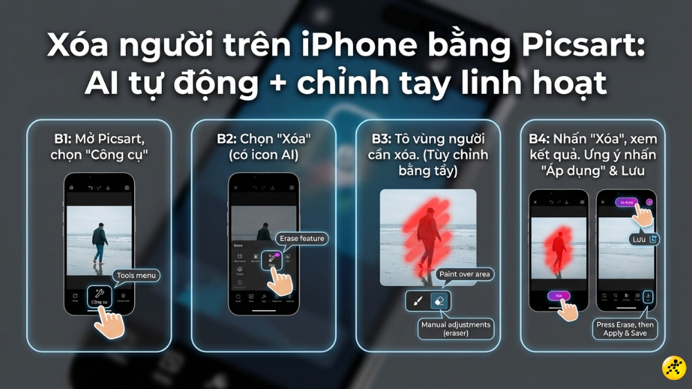 Xo&aacute; người tr&ecirc;n iPhone bằng Picsart