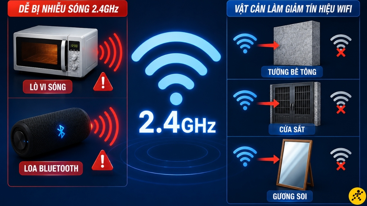 Mạng không dây hoạt động trên dải tần 2.4GHz dễ bị nhiễu sóng từ lò vi sóng hoặc loa Bluetooth Mạng không dây hoạt động trên dải tần 2.4GHz dễ bị nhiễu sóng từ lò vi sóng hoặc loa Bluetooth