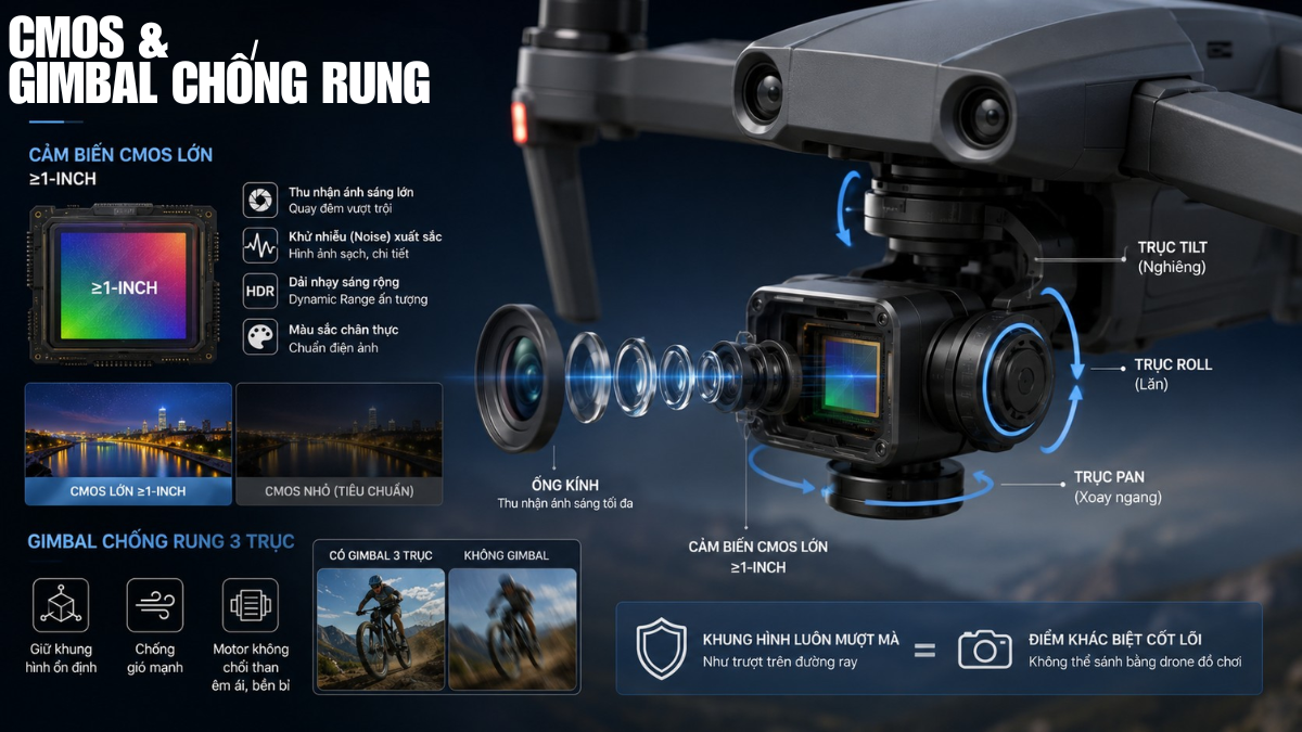 Cảm biến CMOS lớn hơn 1 inch và hệ thống gimbal chống rung 3 trục giúp camera flycam ghi hình mượt mà sắc nét