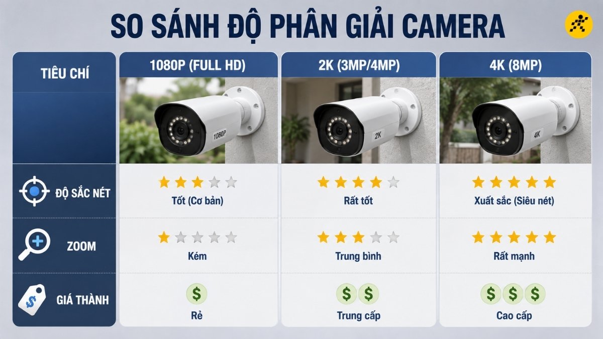 So s&aacute;nh nhanh camera 1080p với 2K v&agrave; 4K