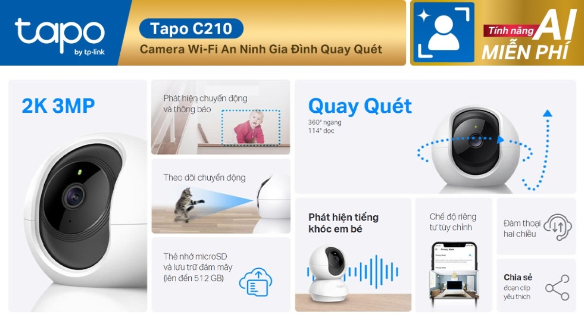 Camera TP-Link Tapo C210 là một trong những camera trong nhà bán chạy nhất của dòng Tapo