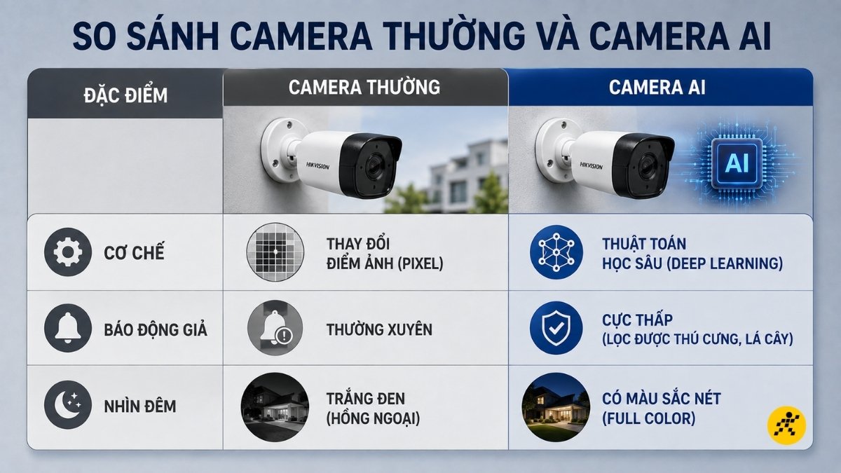 So s&aacute;nh nguy&ecirc;n l&yacute; hoạt động camera AI v&agrave; camera thường