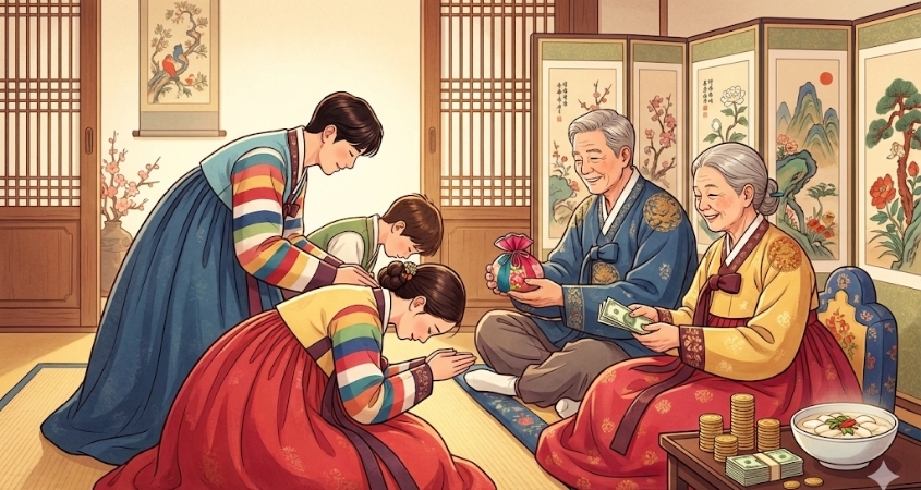 Ở Hàn, người nhỏ tuổi sẽ thường cúi đầu trước người lớn tuổi hơn khi chúc Tết Ở Hàn, người nhỏ tuổi sẽ thường cúi đầu trước người lớn tuổi hơn khi chúc Tết