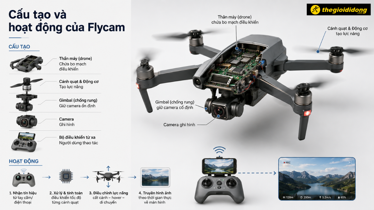 Sơ đồ cấu tạo và nguyên lý hoạt động của flycam bao gồm thân máy, động cơ, gimbal, camera và bộ điều khiển