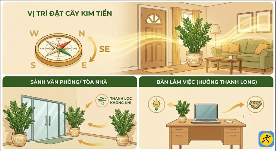 Vị trí tốt nhất để đặt cây Kim Tiền là tại phòng khách, đặc biệt là cung Tài Lộc của ngôi nhà