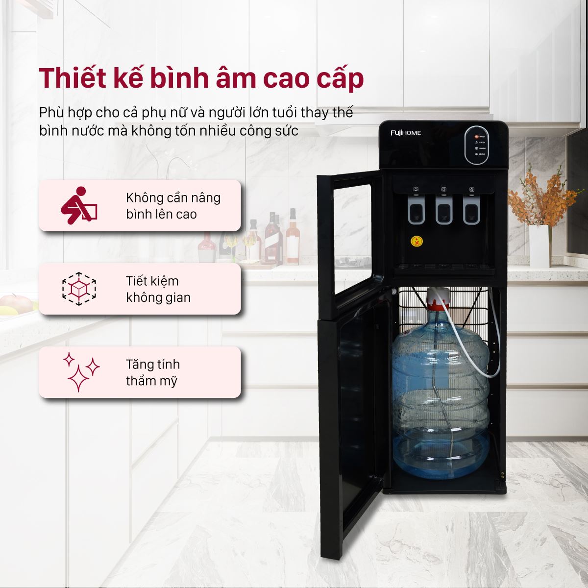 Cây nước nóng lạnh FUJIHOME WD11EC 590W với thiết kế bình âm sang trọng