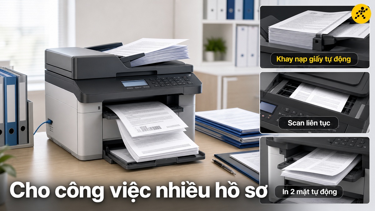 Chọn cho công việc nhiều hồ sơ Khay nạp giấy tự động kéo từng tờ để scan liên tục và in hai mặt tự động
