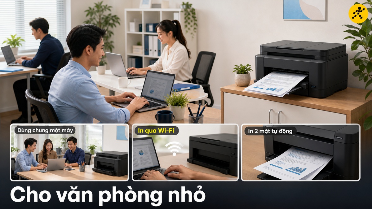 Chọn cho văn phòng nhỏ Nhiều người trong văn phòng nhỏ dùng chung một máy in phun màu qua Wi-Fi