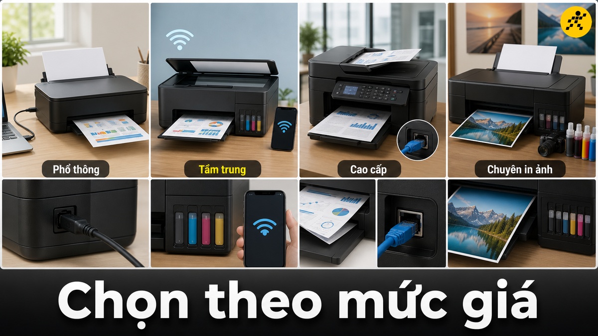 Chọn theo mức giá Bốn mức giá máy in phun màu: phổ thông, tầm trung, cao cấp và chuyên in ảnh