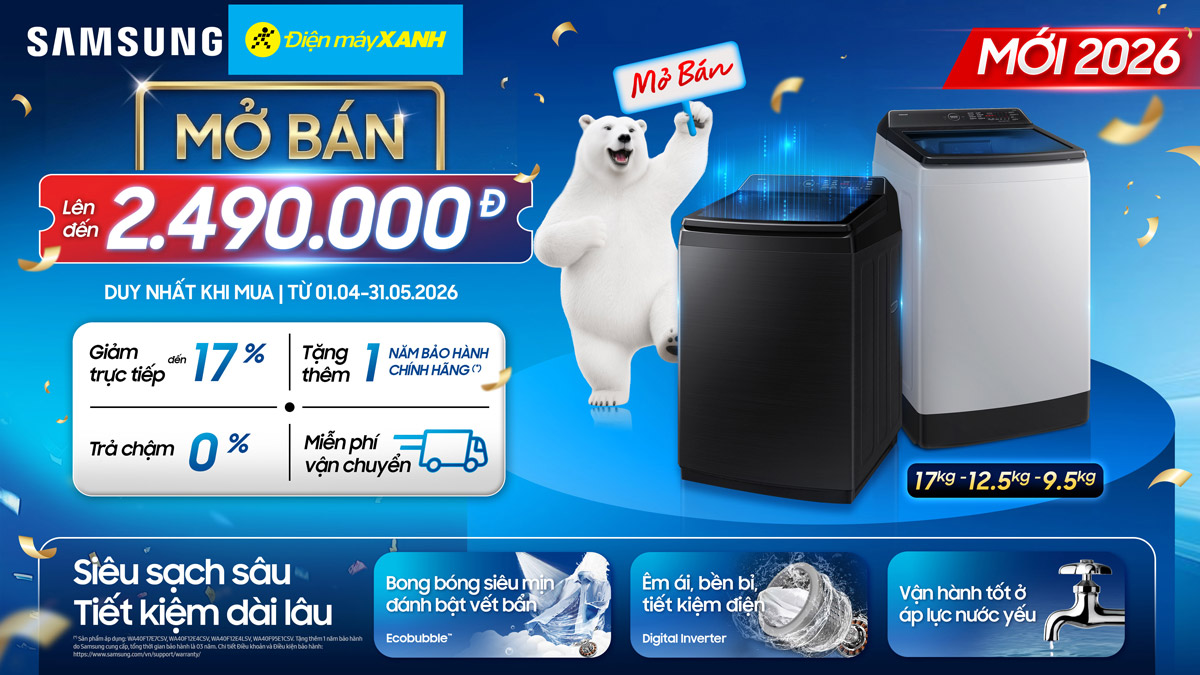Chương tr&igrave;nh khuyến m&atilde;i: Tặng th&ecirc;m 1 năm bảo h&agrave;nh cho d&ograve;ng m&aacute;y giặt cửa tr&ecirc;n Samsung WA40 thế hệ mới 2026