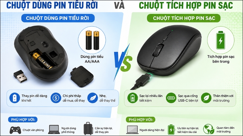 Ph&acirc;n biệt chuột d&ugrave;ng pin tiểu rời v&agrave; chuột t&iacute;ch hợp pin sạc