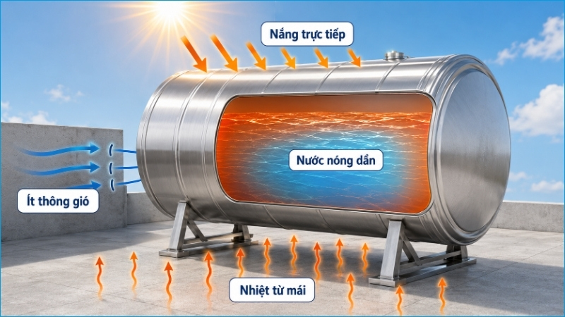 Nắng trực tiếp, nhiệt từ mái và không gian ít thông gió đều làm bồn nóng lâu hơn Nắng trực tiếp, nhiệt từ mái và không gian ít thông gió đều làm bồn nóng lâu hơn