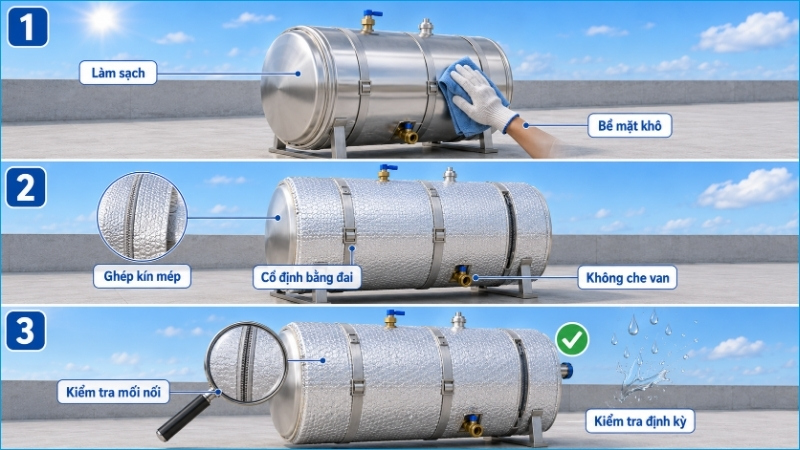 Bề mặt cần khô, mép bạt phải kín và các bộ phận bảo trì vẫn tiếp cận được Bề mặt cần khô, mép bạt phải kín và các bộ phận bảo trì vẫn tiếp cận được