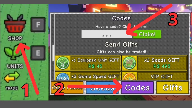 Hướng dẫn nhập code Garden Tower Defense: vào Shop > chọn Codes > dán mã và nhấn Claim để nhận thưởng