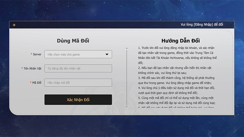 Đăng nhập tài khoản HoYoverse trên trang web đổi mã quà tặng chính thức Đăng nhập tài khoản HoYoverse trên trang web đổi mã quà tặng chính thức