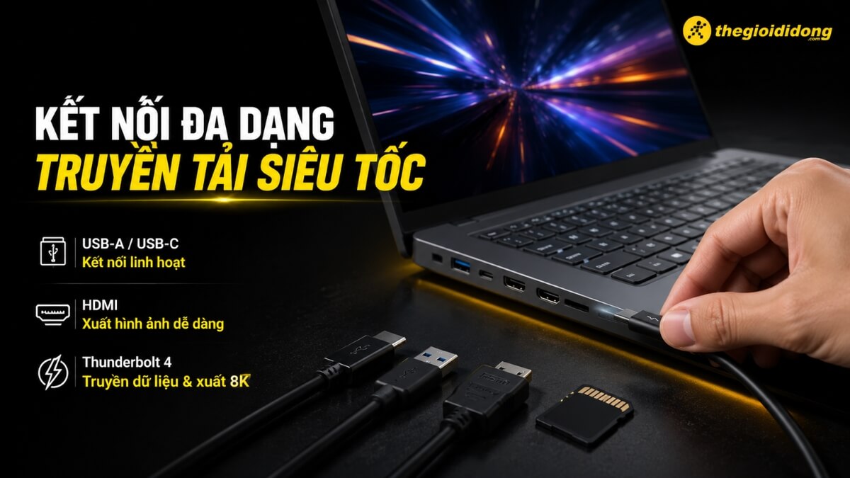 Hình ảnh minh họa các cổng kết nối phổ biến trên laptop tại thegioididong.com. Bàn tay đang cắm cáp USB-C/Thunderbolt 4 vào cạnh máy laptop, bên cạnh có đầu cáp USB-A, HDMI và thẻ nhớ SD. Văn bản nhấn mạnh kết nối đa dạng và truyền tải siêu tốc.
