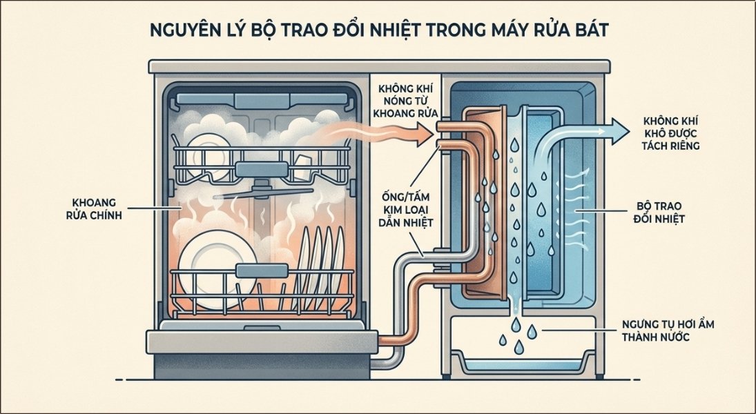Bộ phận Heat Exchange bao gồm một khoang chứa nước lạnh hoặc không khí bên ngoài, nằm tách biệt với khoang rửa chính