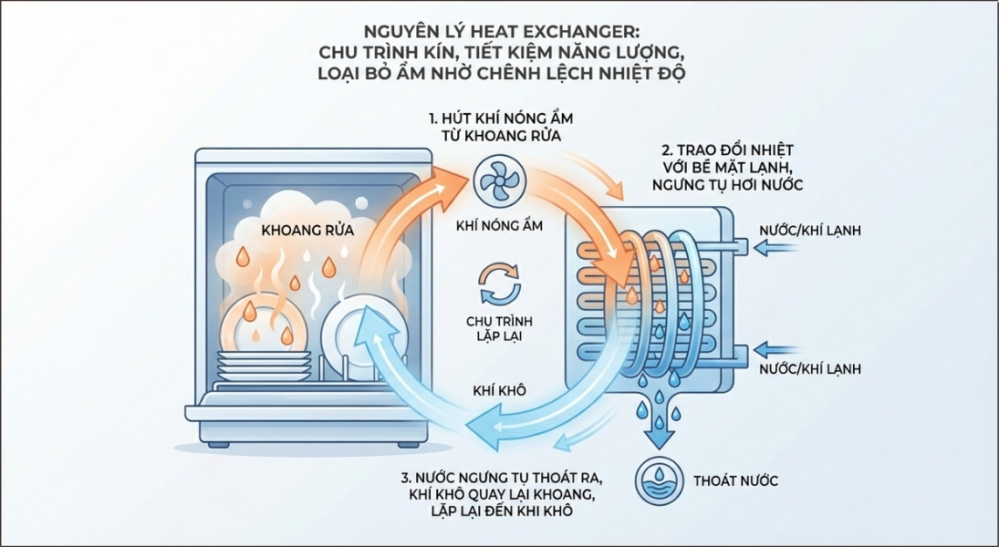 Công nghệ Heat Exchanger hoạt động theo một chu trình khép kín, mang lại hiệu quả sấy khô tối ưu