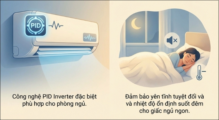 Công nghệ PID Inverter phù hợp với không gian phòng ngủ, cần sự yên tĩnh tuyệt đối và nhiệt độ ổn định suốt đêm để có giấc ngủ ngon Công nghệ PID Inverter phù hợp với không gian phòng ngủ, cần sự yên tĩnh tuyệt đối và nhiệt độ ổn định suốt đêm để có giấc ngủ ngon