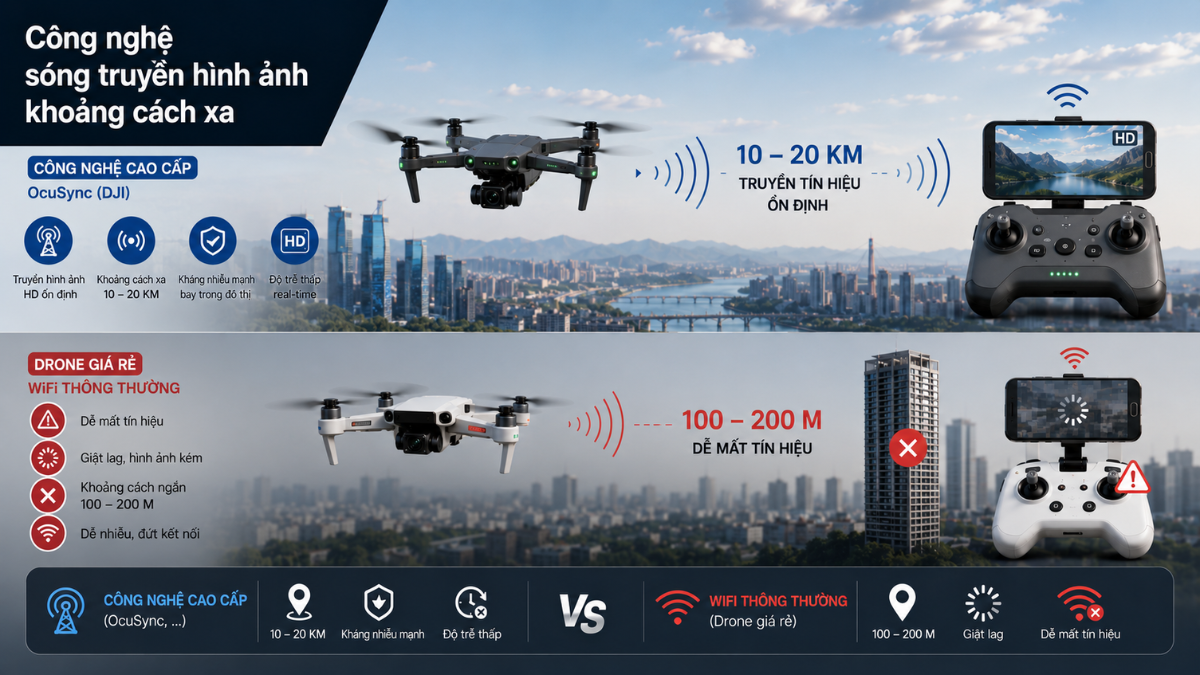 So sánh công nghệ truyền sóng hình ảnh OcuSync khoảng cách xa 10-20km với sóng wifi thông thường trên flycam giá rẻ