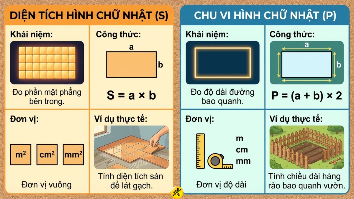 Ph&acirc;n bi&ecirc;̣t di&ecirc;̣n t&iacute;ch v&agrave; chu vi h&igrave;nh chữ nhật