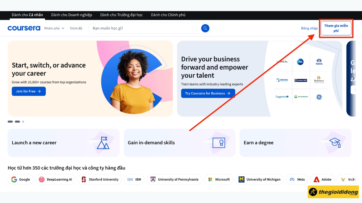 Nhấn v&agrave;o "Join for Free" (Tham gia miễn ph&iacute;)
