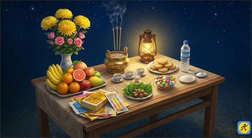 Mâm cúng sao giải hạn năm 2026 cần chuẩn bị chu đáo với lễ vật cơ bản gồm hương hoa đèn trà, ngũ quả tươi, trầu cau, gạo muối rang, bánh kẹo xôi chè và vàng mã