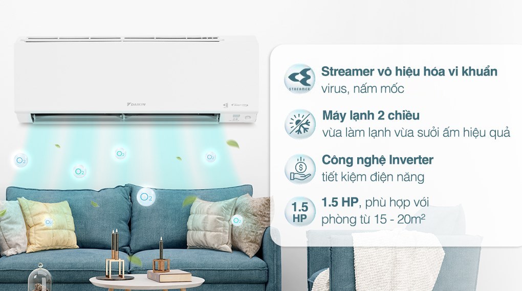 Máy lạnh 2 chiều Daikin Inverter 1.5 HP ATHF35XVMV công nghệ luồng gió Coanda và lọc khí Streamer