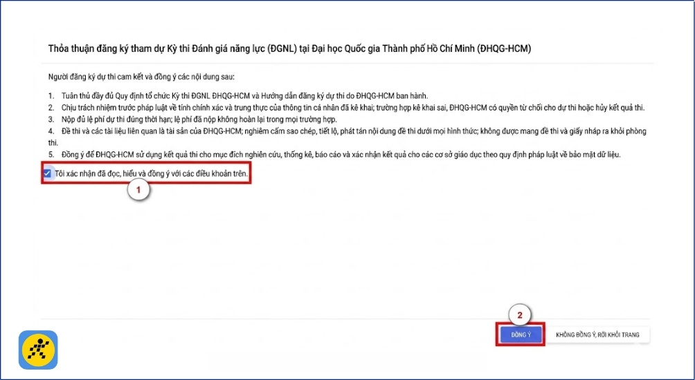 Sau khi đăng nhập, thí sinh phải đọc kỹ và xác nhận đồng ý với Thỏa thuận đăng ký