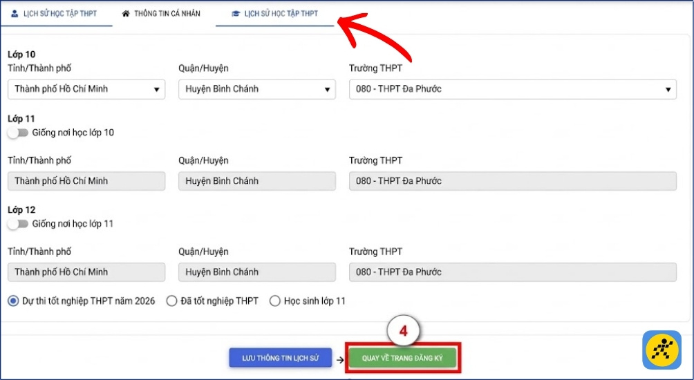 Tiến hành đăng ký thông tin lịch sử học tập THPT 