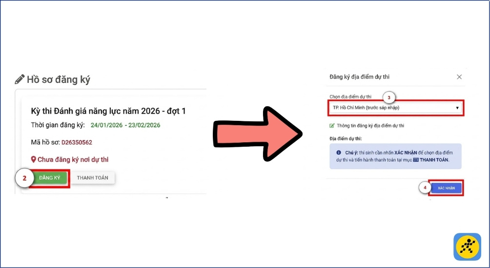 Bấm đăng ký mới điểm thi và chọn điểm thi phù hợp
