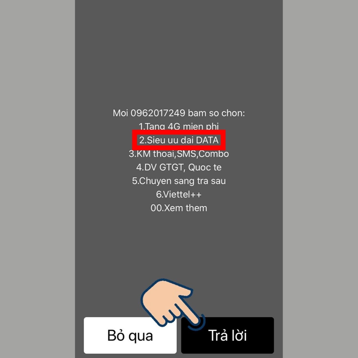 Bấm phím số 2 để chọn gói cước 4G Viettel