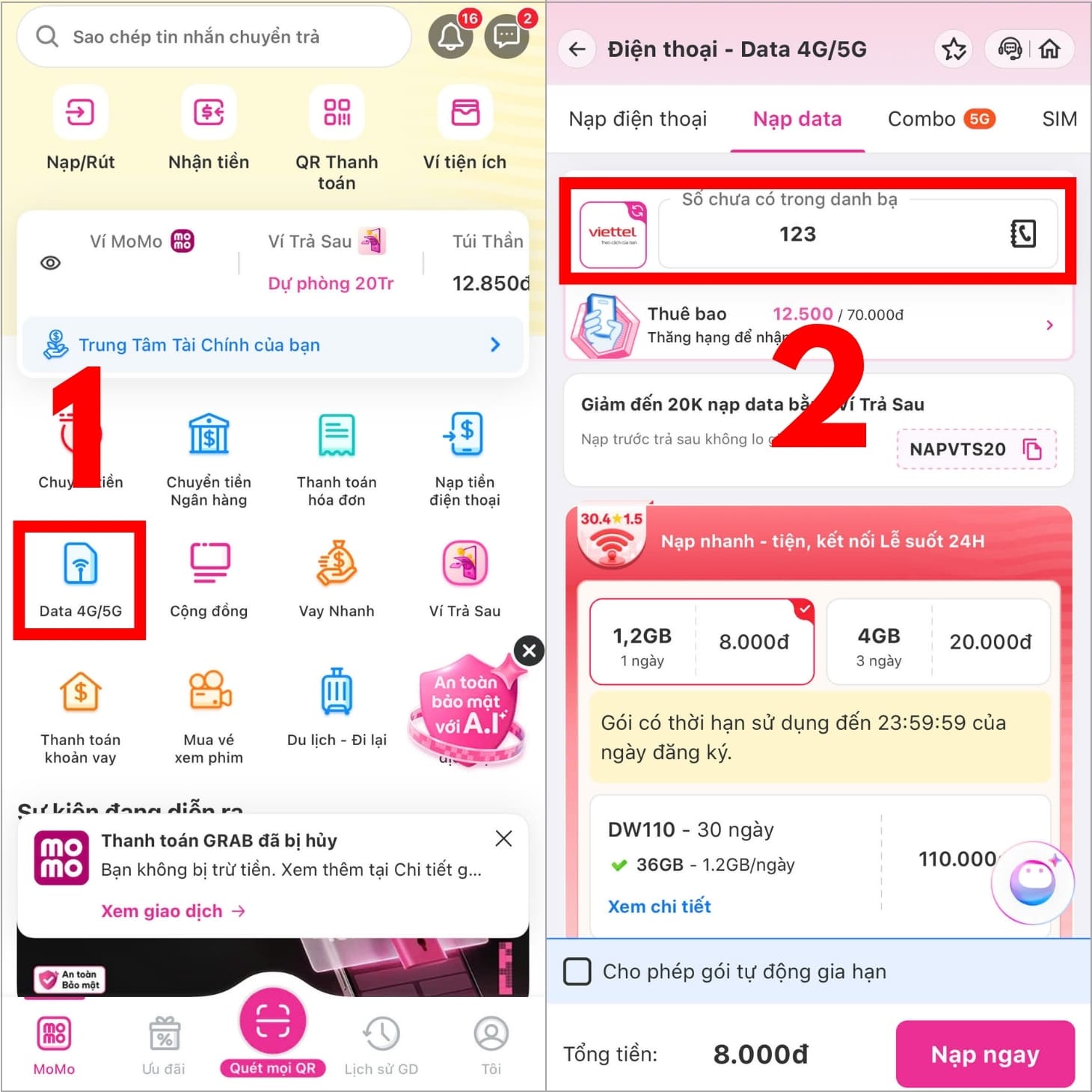 Vào Momo, chọn Nạp Data 4G/5G để đăng ký mạng 4G Viettel