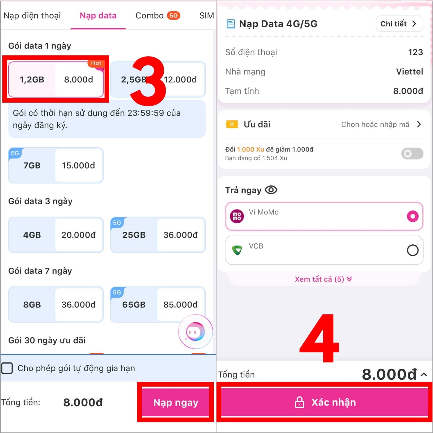 Hoàn tất đăng ký 4G Viettel qua Momo