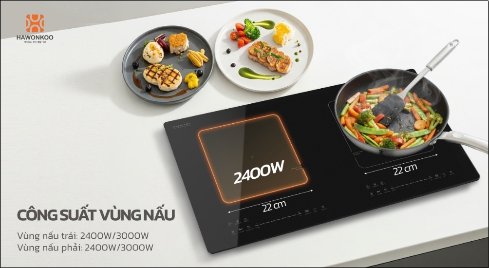 Bếp được thiết kế 2 vùng nấu độc lập với tổng công suất 5400W, phù hợp cho gia đình nhiều thành viên