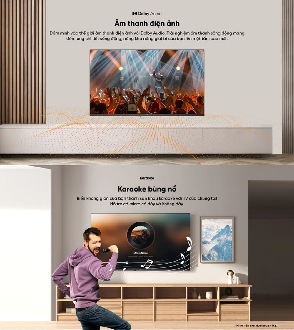 Âm thanh vòm Dolby Audio cho trải nghiệm giải trí, karaoke tại gia sống động Âm thanh vòm Dolby Audio cho trải nghiệm giải trí, karaoke tại gia sống động