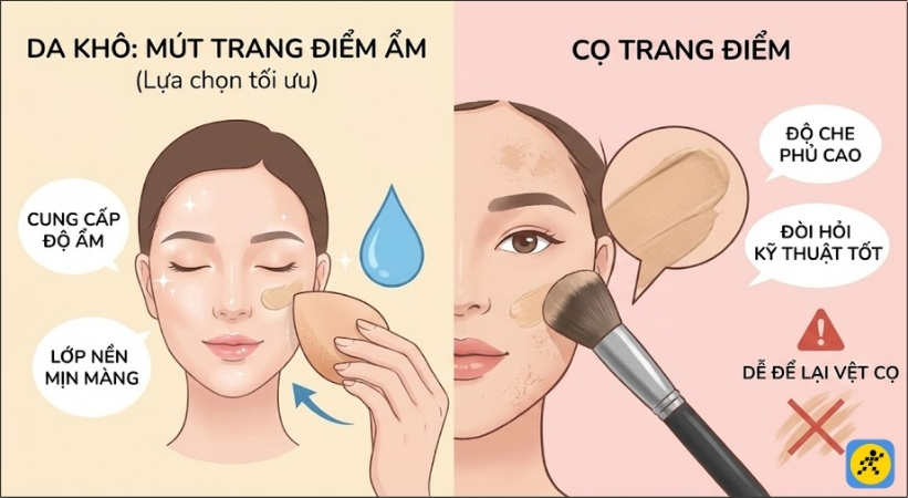 Với làn da khô dễ mốc, mút trang điểm ẩm là lựa chọn tối ưu nhất vì nó cung cấp thêm độ ẩm cho lớp nền