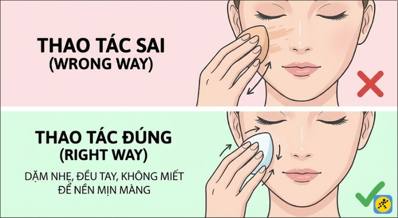 Hãy dùng thao tác dặm nhẹ nhàng, vuông góc và liên tục để kem nền được nén chặt và hòa quyện vào da