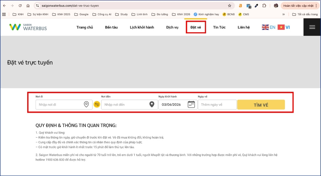 Đặt vé trên website Saigon Waterbus