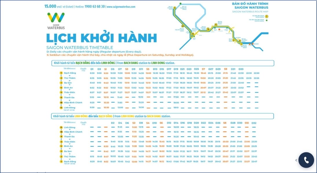 Lịch khởi hành được cập nhật trực tiếp tại mục Lịch khởi hành trên hệ thống đặt vé trực tuyến của Saigon Waterbus