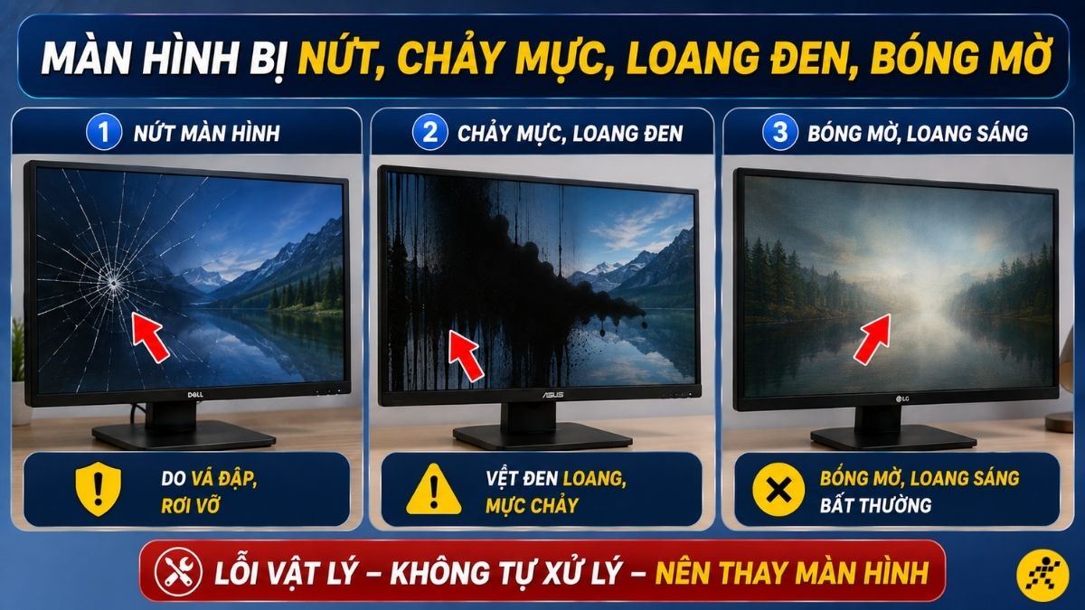 Màn hình bị nứt, chảy mực, loang đen, bóng mờ Màn hình bị nứt, chảy mực, loang đen, bóng mờ