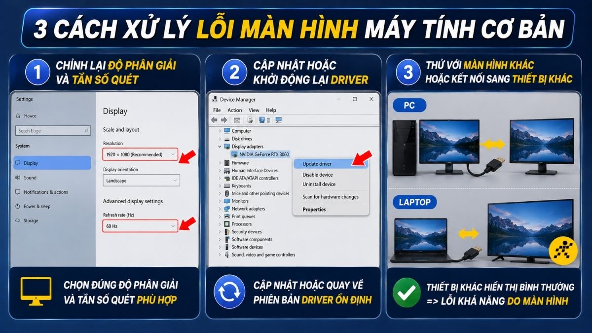 Thử với màn hình khác hoặc kết nối sang thiết bị khác Thử với màn hình khác hoặc kết nối sang thiết bị khác