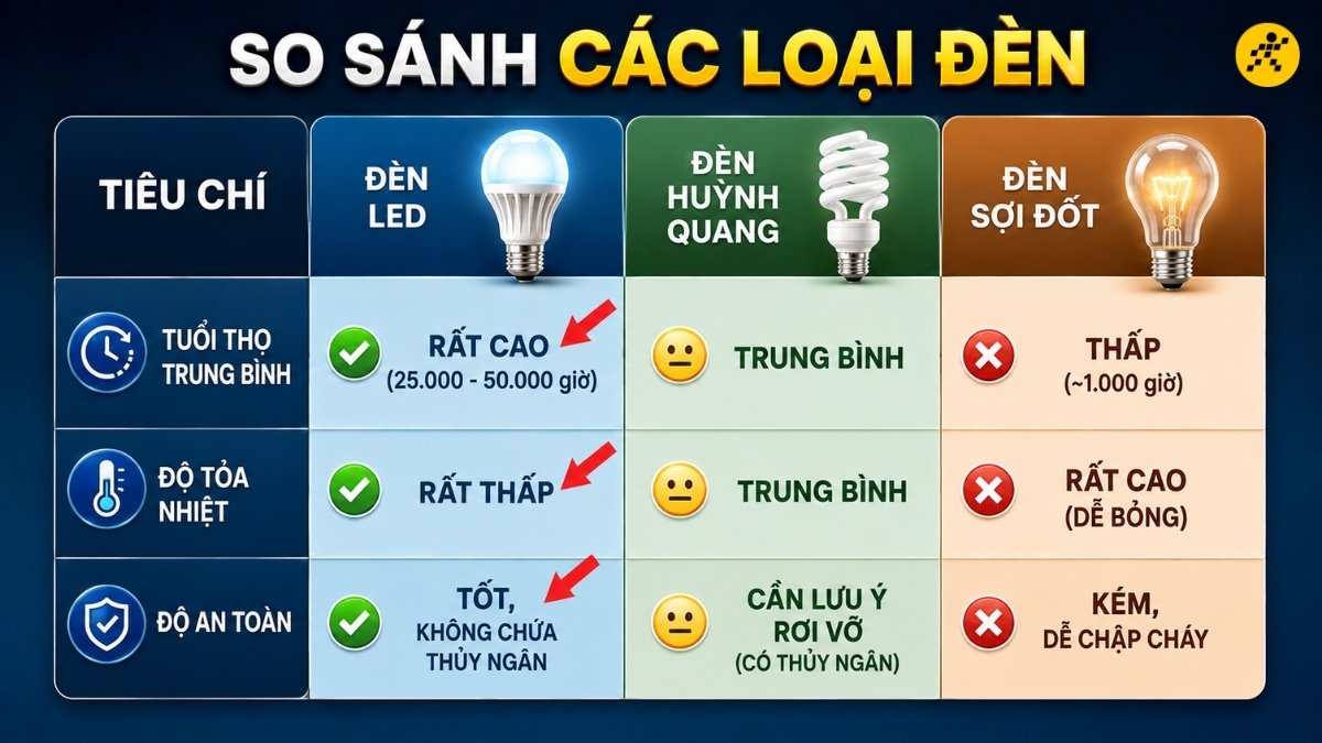 So sánh đèn LED với đèn sợi đốt và đèn huỳnh quang So sánh đèn LED với đèn sợi đốt và đèn huỳnh quang
