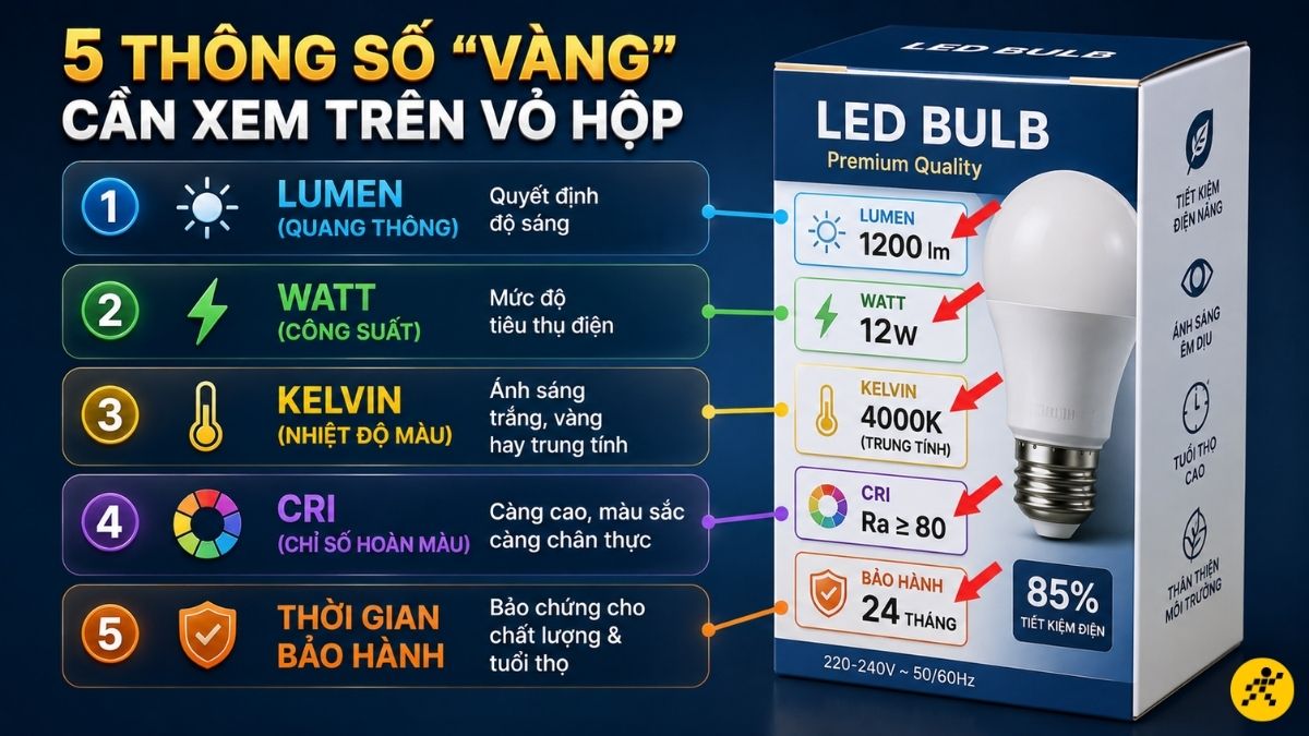5 thông số cần xem trên vỏ hộp đèn LED 5 thông số cần xem trên vỏ hộp đèn LED