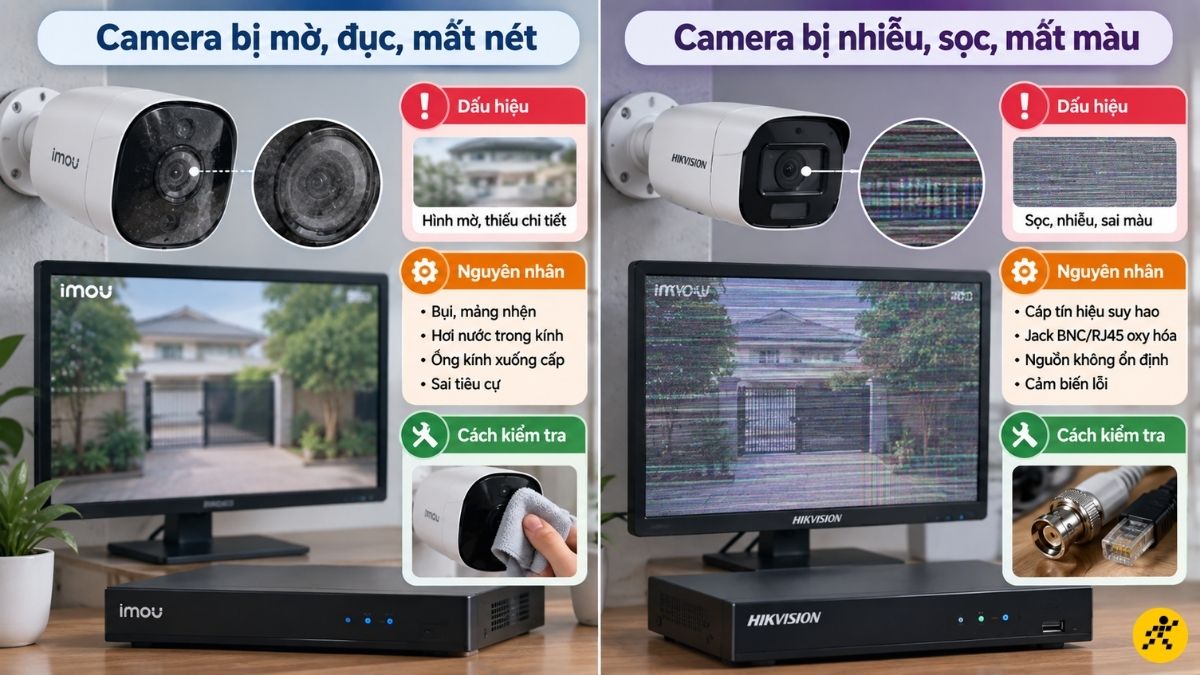 camera bị mờ, đục hoặc mất nét, nhiễu, sọc camera bị mờ, đục hoặc mất nét, nhiễu, sọc
