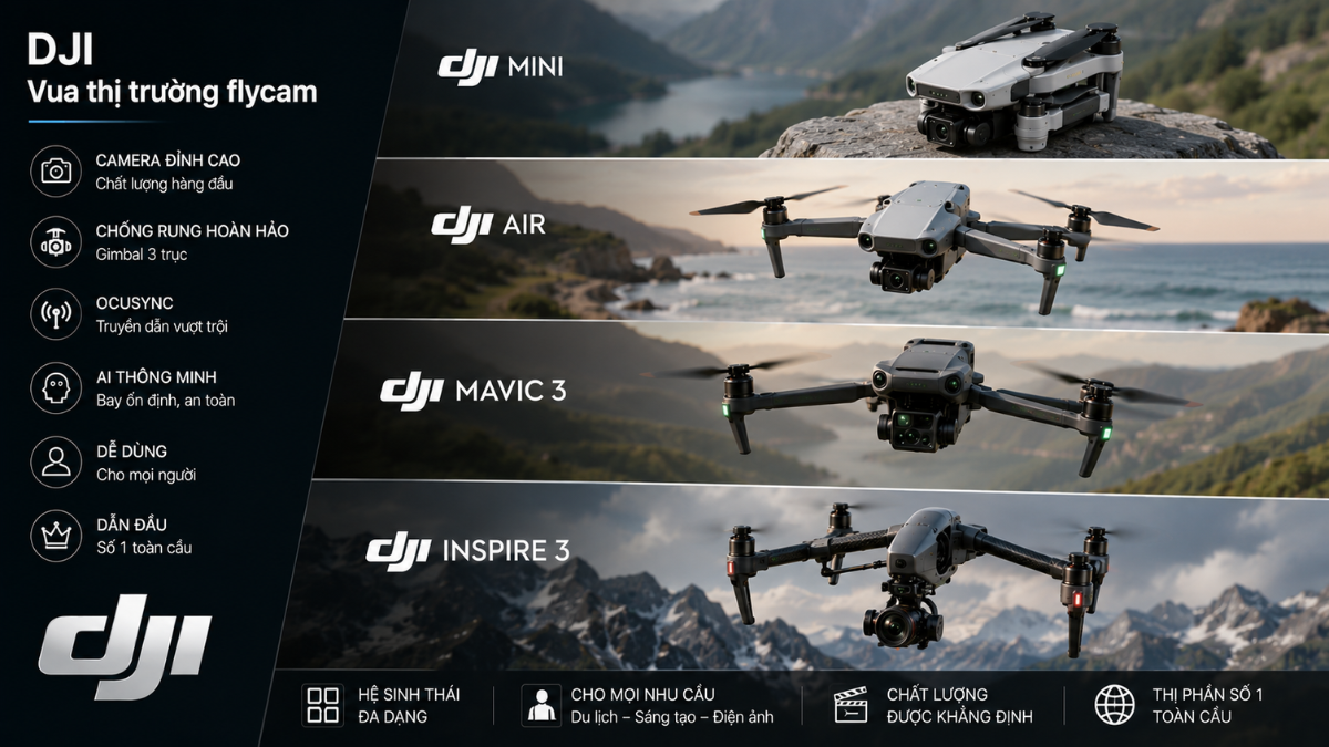 Các dòng flycam nổi bật của DJI thương hiệu drone dẫn đầu thế giới gồm DJI Mini, Air, Mavic và Inspire