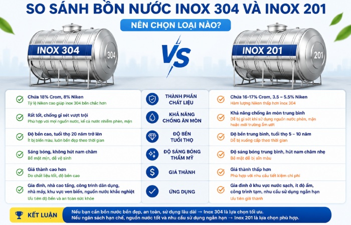 So sánh bồn nước inox 304 và inox 201