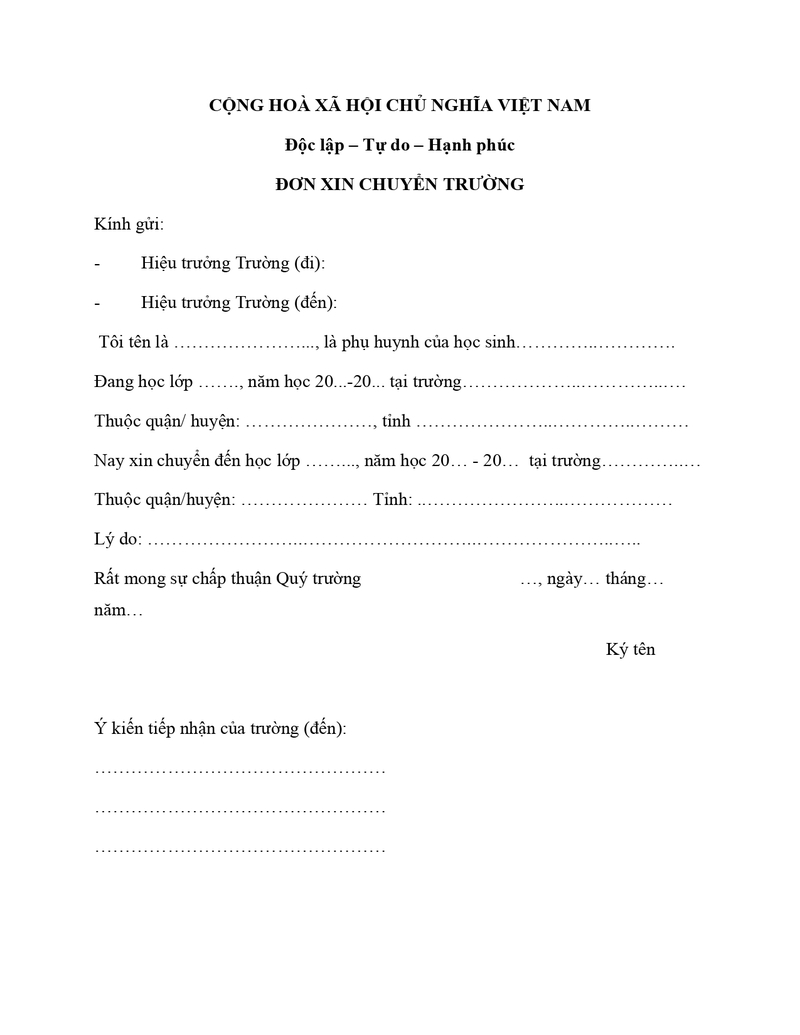 Đơn xin chuyển trường